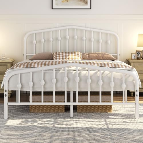 Yaheetech 5ft King Bed Frame Slatted Metal Bed with Crown-inspired Design Headboard/Spacious Under-bed Storage White