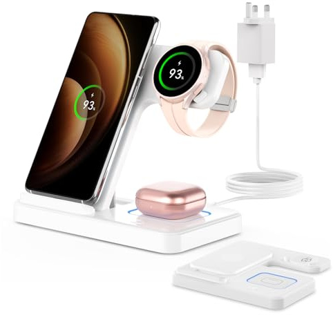 GEEKERA Wireless Charger for Samsung, 3 in 1 Foldable Charging Station for Samsung S26/S25/S24/S23, Fast Phone Watch Charger Dock for Galaxy Watch 8/7/6/5/4, Docking Station for Galaxy Buds-White
