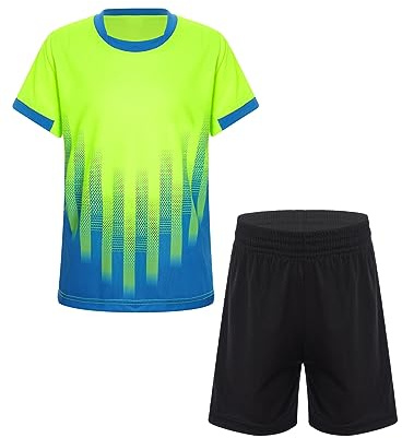 Yeahdor Barn pojkar sportkläder set kortärmad sportskjorta med korta byxor fotboll kläduppsättning sportdräkt basket löpning tennis, Ea lysande grön A, 134/140 cm