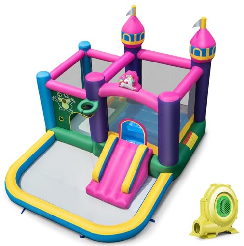 LIFEZEAL Castillo Hinchable para 3 niños de 3 a 10 años, Parque acuático, con Juegos, tobogán, Cama elástica, Cesta, Piscina, para Interior, Exterior, Juego Completo, Motivo Unicornio (con soplador)