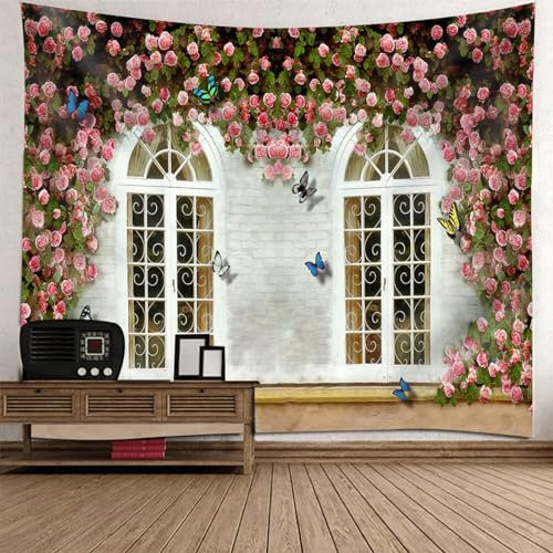Mesnt Wandteppich Aesthetic, Weißes Fenster mit rosa Blumen und Schmetterling Tapisserie Dekoration für Schlafzimmer Wohnzimmer, 240x220cm