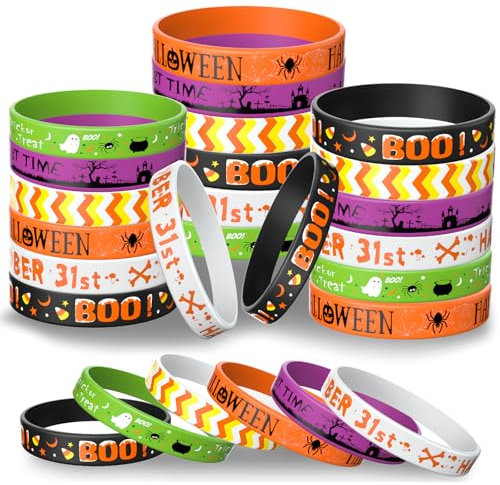Morcheiong 36 Stück Halloween Gummi Armbänder, 6 klassische Design Silikon Armbänder für Halloween, gruselige Partyzubehör (Schwarz, Orange, Weiß, Grün, Violett)