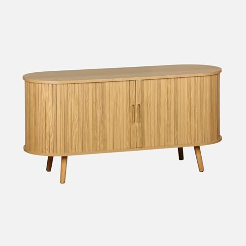 Alice's Garden sweeek - Meuble TV scandinave 2 Portes coulissantes. 4 Compartiments. décor Bois rainuré Naturel. L120 x 40 x 57 cm