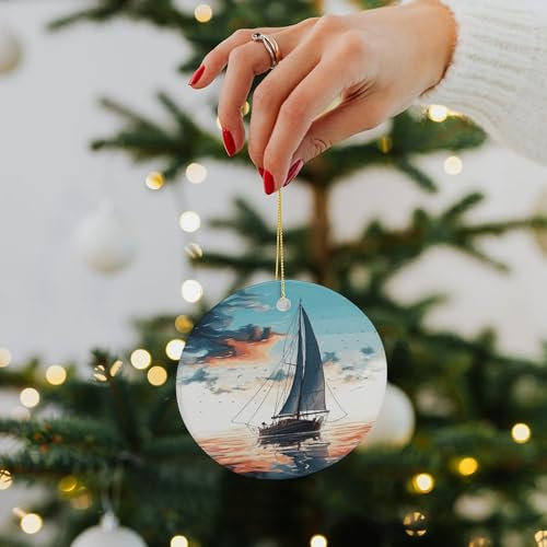 Weihnachtsschmuck 2024 Weihnachtsbaum Rund Keramik Anhänger Blau Segelboot Lustige Weihnachtsanhänger Hängende Weihnachtsbaum Dekoration für Zuhause Neujahr Party Supplies Geschenke