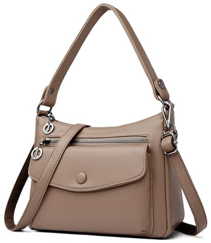 BAGROUPS Umhängetasche Damen Handtasche Schultertasche Tasche Damen Crossbody Bag Große Kapazität Weiches Leder Mit Abnehmbarem Verstellbarem Schultergurt (Khaki)