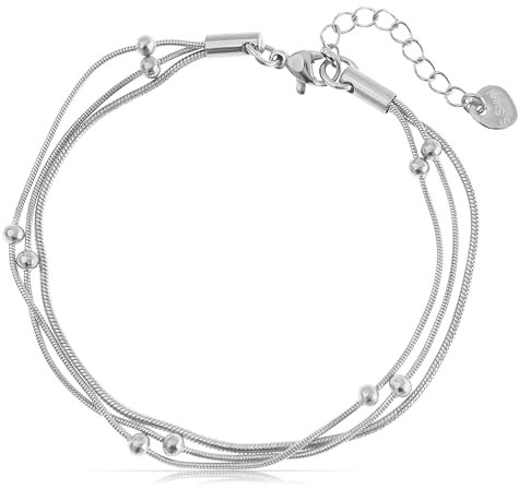 Made by Nami Mehrreihiges Armband Damen Silber oder Gold aus Chirurgischem Edelstahl 16 + 3 cm Perlenarmband Damen Hypoallergen Wasserfester Schmuck (Silber)