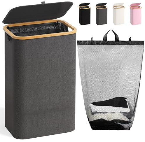 100L Laundry Hamper with Lid, Large Laundry Basket with Bamboo Handles, Clothes Hampers for Laundry with Removable Bag, Dirty Clothes Hampers for Bedroom Aesthetic, Grey