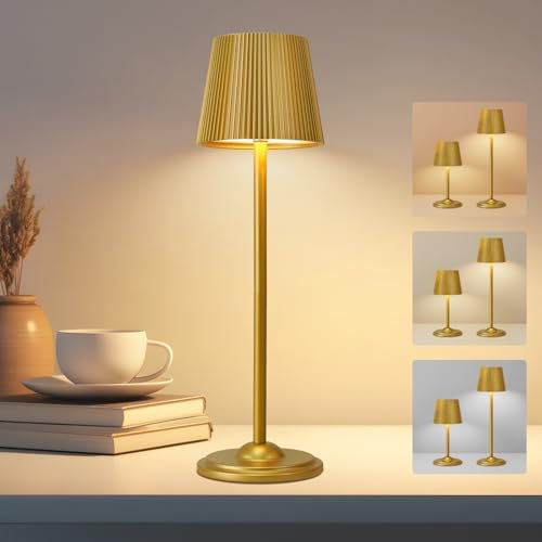VKH Lámpara de Mesa LED Recargable Dorada, Táctil y Regulable con 3 Tonos, Diseño Portátil Desmontable, USB-C, Sin Cable, para Dormitorio, Lectura, Oficina, Interior y Exterior