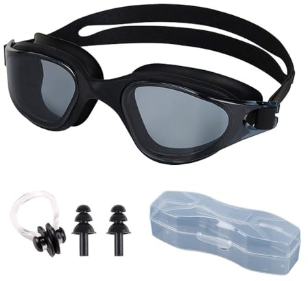 XFSRG Lunettes de Natation Anti-Buée Antibuée Verres PolariséS et Protection UV pour Hommes Femmes Adultes Adolescents avec Boîte + 1 Paire de Bouchons d'oreilles et Pince-nez(Noir
