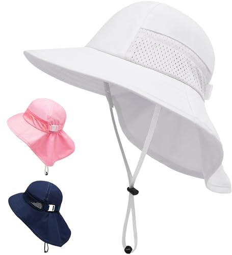 JinBei Unisex baby solhatt barn sommarhatt UV-skydd 50+, småbarn andas strandhatt med nackskydd och brett brätte, strandmössa justerbart band flickor pojkar sommarmössa, Vit, 3-24 Monate