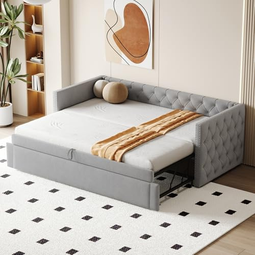 Oxtao Polsterbett Ausziehbares Schlafsofa 90x200 cm, Klassische Vollform mit Knöpfen, Mit Lattenrost, Multifunktionales Bett-Gästebett, Hautfreundlicher Samtstoff, ohne Matratze (Hellgrau)