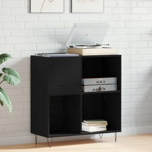 Brokky 862913 Mobile per dischi Rovere Nero 84.5x38x90 cm Legno ingegnerizzato Giradischi Vinili Stand Tavolino con Archiviazione Record in Vinile,Espositore per Dischi,Gabinetto del Supporto da Recor