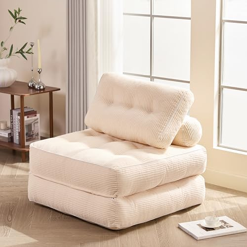 Litbird Canapé Lit 4-en-1 Pliable – Fauteuil Convertible, Canapé Type Pouf, Lit Pliant 1 Place, Idéal pour Petit Espace, Chambre ou Salon (Blanc cassé, 89.9 cm)