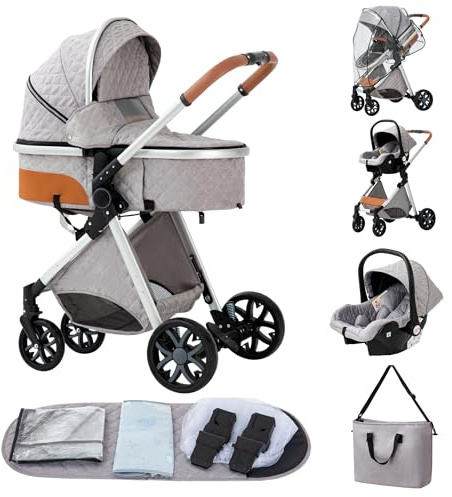 ALYIKOU trio passeggino neonati in offerta fino 25 kg,Carrozzina reversibile fronte mamma e strada, Pieghevole，Con borsa mamma, portabicchieri, copertura antipioggia