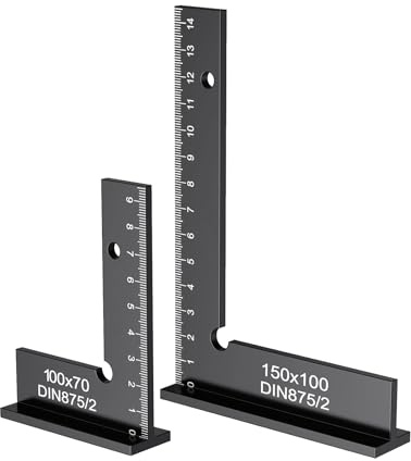 ANBOO Schlosserwinkel Set, 2 Stück 90° Anschlagwinkel aus Metall mit Messskala, Präzisionswinkel für Tischler & Metallbau, Winkelmesser & Gehrungslade, Größen 100x70mm & 150x100mm