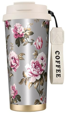 YXDVPALNE Tulipano rosa vintage shabby chic,Tazza da caffè in acciaio inossidabile 316 con cordino, bicchiere termico da viaggio per auto, 500 ml