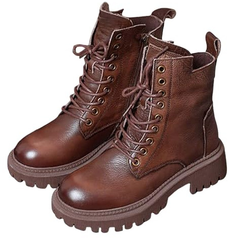 Women's Comfortable Chunky Mid Calf Boots, Stylish and Waterproof Slip Resistant Biker Combat Ankle Booties with Lace-Up Zipper Design (Brown, 6)