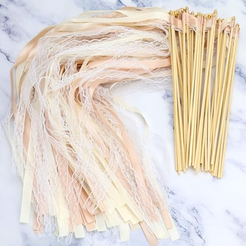 50 Stück Wedding Wands mit Glocke, Zauberstäbe Seidenfeenstab, Zauberstäbe Hochzeit Luftschlangen, Luftschlangen mit Holzstäbchen werden für Hochzeiten, Geburtstage,Feiertagsfeiern (Champagner)