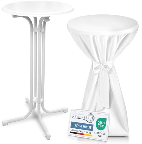 Beautissu Weißer Stehtisch klappbar 60 cm mit Premium Stehtischhusse Weiß & Schleifenband – Wetterbeständig Outdoor Bistrotisch rund Kratzfest UV-beständig – Husse rutschfest waschbar – Bellini