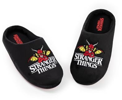 Stranger Things Unisex Kids Black Logo Mule Slippers | Indoor Footwear for Lounging | Comfortable Slippers Featuring TV Show Design Merch - 5 UK Child