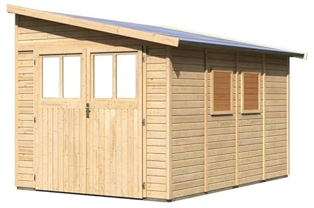 Karibu | Abri de Jardin Adossé en Bois Épicéa 8,27m² Bomlitz 4 | Marron, Double Porte Semi-Vitrée, 2 Fenêtres, Toit en Voliges 16mm | Kit de Fondation Inclus