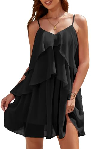 Women's Casual Summer Beach Party Short Boho Dress V Neck Ruffle Layered Swing Dresses Graduation Party Outfit Black L