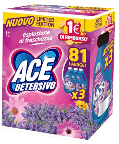 ACE Detersivo Limited Edition Elisir di Lavanda, Detergente Liquido per Bucato, 3 Bottiglie da 1350ml, 27 Lavaggi per Flacone