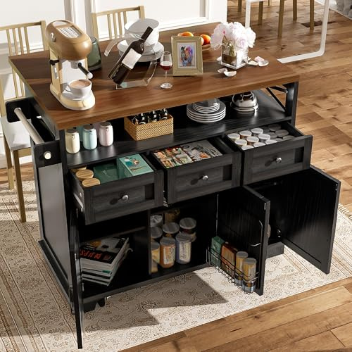 Ktipm Isla Cocina con Ruedas y Tablero Plegable, Armario de Cocina con 3 Cajones y 3 Puertas, Mueble Auxiliar de Cocina con Toallero y Estante Ajustable, Kitchen Island, 118x43-70x98 cm, Negro