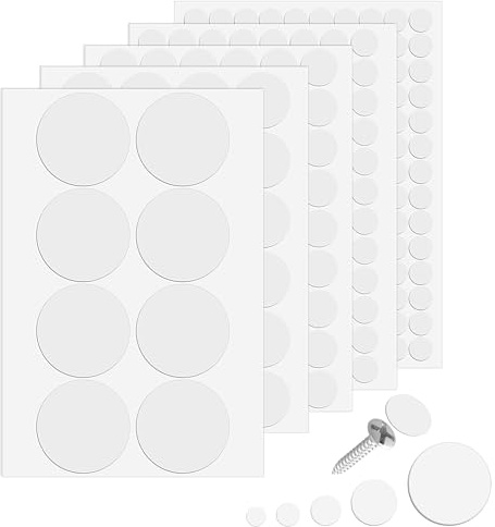 Ouligay 322 unidades de cubiertas para tornillos autoadhesivas, color blanco, 12/15/21/30/50 mm, redondas, tapas para tornillos, orificio para tornillos, pegatinas para armarios de pared, escritorios