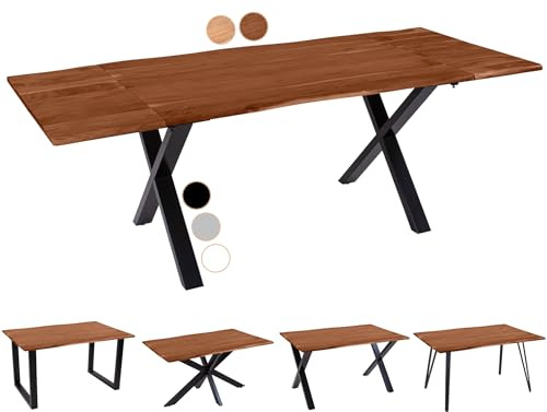 SAM Esstisch Avino 200(300) x100 erweiterbar Akazie nussbaum X schwarz | Baumkantentisch massiv, Akazienholz nussbaumfarben, ausziehbar mit Ansteckplatten, für 8-10 Personen