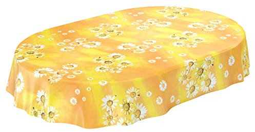 ANRO Wachstuchtischdecke Wachstuch Wachstischdecke Tischdecke Kamille Gelb Blumen Sonne Oval 180x140cm abwaschbar