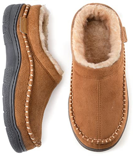 Zigzagger Moccasin-tofflor för män, varma mocka-tofflor med Memory Foam för inomhus och utomhus, Kamel, 44/45 EU