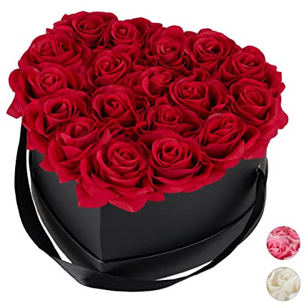 Relaxdays Rosenbox Herz, 18 Rosen, stabile Flowerbox schwarz, 10 Jahre haltbar, Geschenkidee, dekorative Blumenbox, rot, 13 x 21 x 19 cm