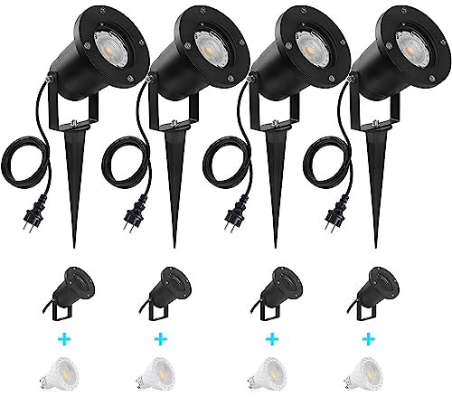 SanGlory 4 x Faretto LED da Esterno 7W GU10 LED Faretti da Giardino con Spina e 2m Cavo, Luci per Sentieri Bianca Calda 3000K IP65 Impermeabile Luci da Giardino per Cortile e Terrazze