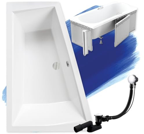 BADLAND Badewanne Original Weiß Acryl Wanne Eckbadewanne INTIMA SLIM 170x125 Links KOMPLETTSET SET mit Premium Styroporverkleidung + Füßen und Exklusive Chrom Automatik Ablaufgarnitur Made in EU 4in1