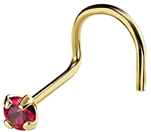 Jewelry Avalanche 22G Solid 14Kt Gold Nose Screw Stud with Prong Set real Ruby Gemstone, 14kt Yellow Gold or 14kt White Gold - July Birthstone Nose Ring-NSYG_RB-2MM