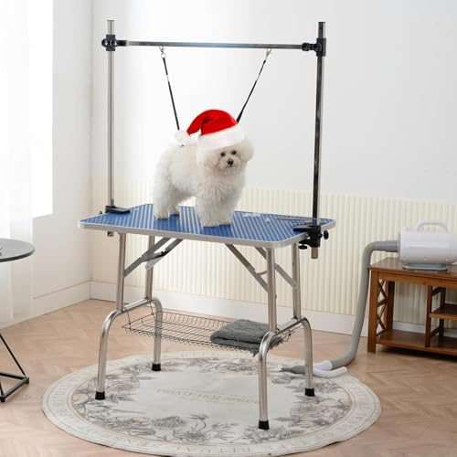 36'' Stainless Steel Pet Dog Grooming Table with Arm/Noose/Tray, Blue