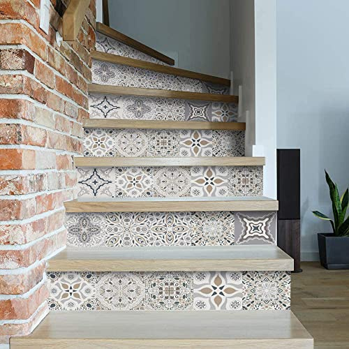 funlife 14 Strips Stair Riser Stickers Peel and Stick, Self Adhesive Vinyl Stair Risers Staircase Murals Decals Sticker Decor for Steps, 39.37x7.09, Vintage Geometry