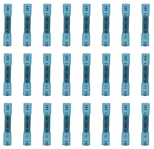 Ruidee 100 Pcs Heat Shrink Butt Connectors Terminals，Insulated Waterproof Wire Connector ，Marine Automotive Electrical Crimp Butt Splice Terminal 16-14 AWG Blue/URTL