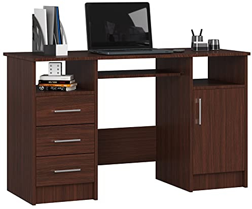 AKORD Schreibtisch ANA 124 cm | mit 1 Tür und 3 Schubladen | Office Desk | Computertisch | Bürotisch | PC-Schreibtisch | B124 x H74 x T52 cm | Gewicht 46,40 kg | Wenge/Wenge