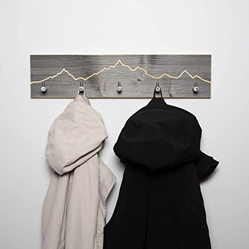 Garderobe aus Altholz mit Berg Motiv | handgefertigt in Bayern | Garderobenleiste Holz | Hakenleiste für Flur Büro Schlafzimmer | Wandgarderobe Handtuchhalter Bad (55cm (5 Haken), Edelstahl Haken)