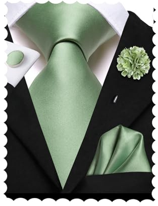Hi-Tie Klassische Herren-Krawatte, Blume, Anstecknadel-Set, Seide, gewebt, Krawatte, Einstecktuch, Manschettenknöpfe, Rot, Rosa, Gold, Blau, Hochzeitskrawatte, salbeigrün, M