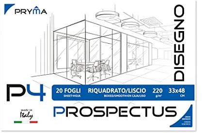 Pryma P4 Album da Disegno A3 – 20 Fogli 220 g/m² – Carta Bianca Spessa per Schizzi, Disegni Tecnici, Matite e Acquerello – Formato 33x48 cm (Fogli Lisci Riquadrati)
