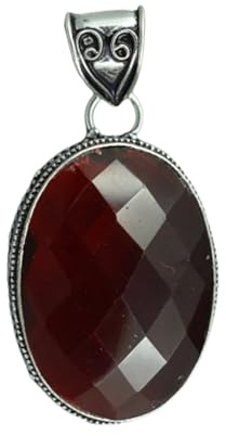 Ciondolo in argento sterling massiccio 925 per donna uomo, pietra preziosa ovale a scacchiera con granato genuino Ciondolo con pietra di nascita di gennaio artigianale unico