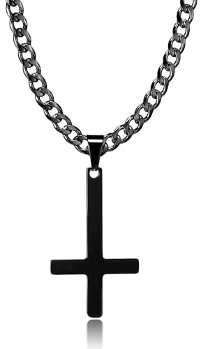 HSWYFCJY Kreuz kette Herren Kreuzkette Schwarz Edelstahl umgekehrtem Anhänger mit Kreuz Halskette für Männer Christliches Kreuz Halskette 28