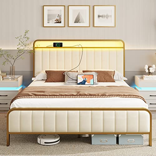 Rolanstar Full Size Bed Frame with LED Light and Charging Station, Upholstered Headboard and Footboard, Metal Slat, Noise Free, Easy Assembly, Golden