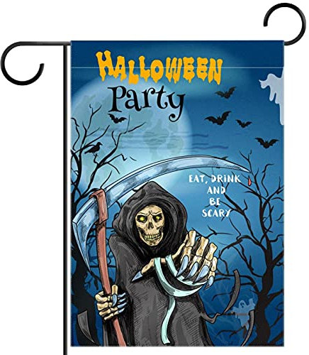 Personalisierte Gartenflagge Halloween Party Einladung Karte Totenkopf Sichel Geist doppelseitig außen kleine Hofflagge für Dekorationen Outdoor Schilder Dekor