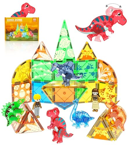 Magnetische Kacheln Dinosaurier Baukasten für Kinder und Kleinkinder Montessori Kreative Magnetblöcke Konstruktionsspielzeug für 3 Jahre alte Jungen und Mädchen zu STEM Learning & Educational Stack