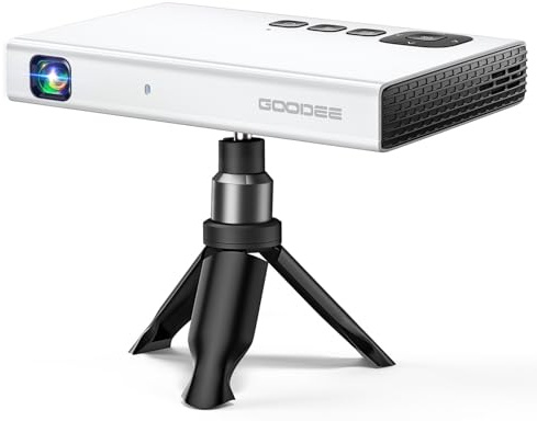 Mini proyector 4K, GooDee 1080P compatible con proyector DLP de bolsillo con WiFi y Bluetooth, proyector de películas portátil para exteriores con trípode y bolsa, batería recargable de video para