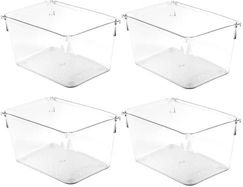 Amtido Clear Drawer Organiser Tray Set, 4 Pack – Durable Storage Containers for Kitchen, Pantry, Office & Cosmetics – Plastic Drawer Organiser Fits Drawers, Cupboards & Fridge - 10.2 x 15.2 x 8.3cm